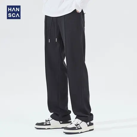 汉斯卡春季宽松直筒黑色运动裤男潮牌大码青少年垂感拖地休闲卫裤商品大图
