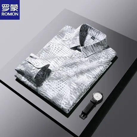 罗蒙男士轻商务数码印花衬衣抗皱高级感时尚免烫寸衫花长袖衬衫潮图片