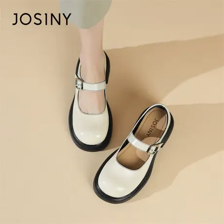 Josiny/卓诗尼小皮鞋女2024新款粗跟圆头百搭漆皮一字带玛丽珍鞋图片
