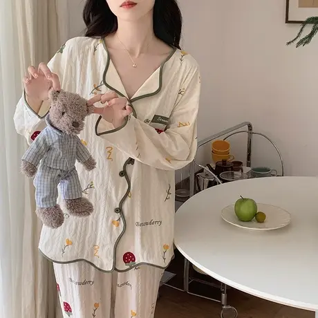 南极人睡衣女纯棉春秋款长袖长裤甜美网红风家居服套装可外穿新款图片