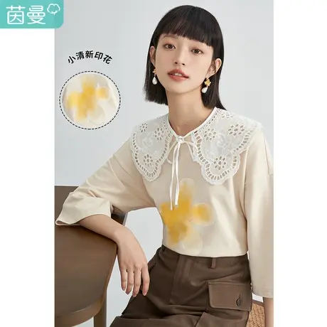 【商场同款】茵曼印花套头T恤女士2023春季新款蕾丝刺绣纯棉上衣图片