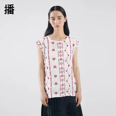 播无袖衬衫女2023夏季新款休闲气质方领刺绣装饰麻质面料直筒上衣商品大图