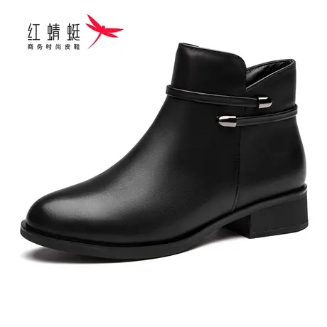 红蜻蜓女鞋春秋新款牛皮加绒休闲保暖中粗跟软皮软底防滑透气舒适图片