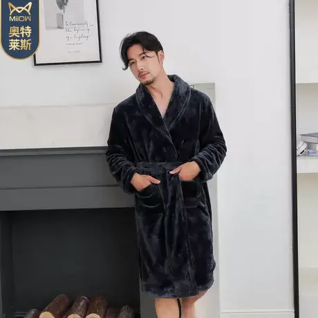 猫人outlets男士浴袍睡衣一体式睡袍男冬季加厚长款珊瑚绒 家居服图片