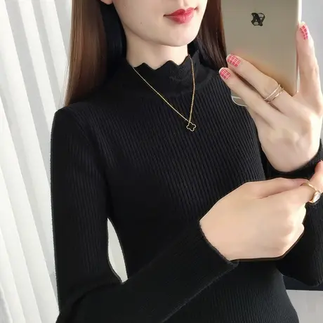 黑色打底衫女长袖百搭短款套头针织衫修身紧身内搭秋冬半高领毛衣图片