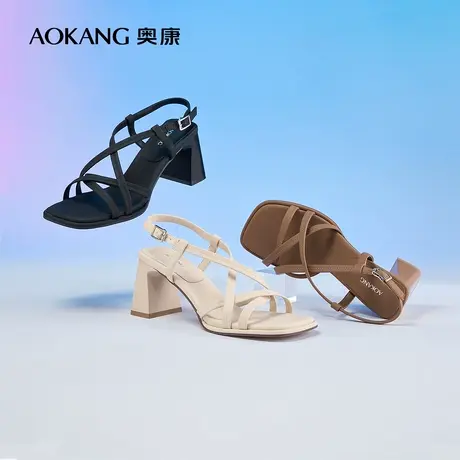 奥康女鞋 2024夏季新款气质一字带时装凉鞋方头露趾粗跟高跟鞋商品大图