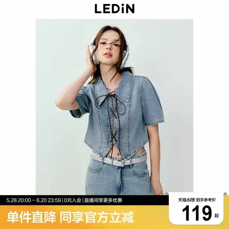 乐町polo领系带短袖牛仔衬衫女夏季新款不规则设计感别致上衣商品大图