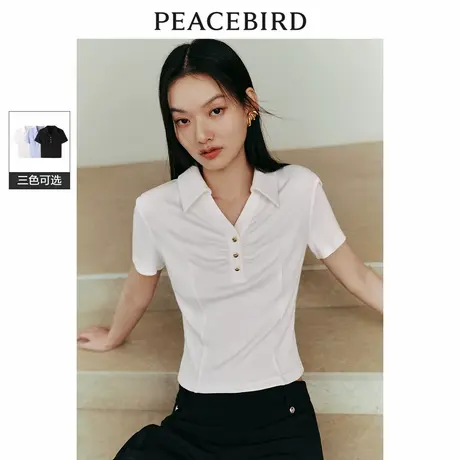太平鸟翻领褶皱T恤衫夏季新款POLO短袖V领修身短款上衣女通勤商品大图