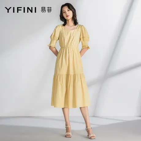 Yifini/易菲宽松方领中袖高腰连衣裙女夏季新款遮肉显瘦裙子图片