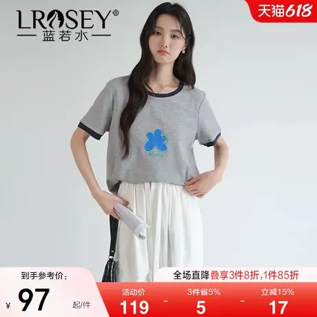 【花朵刺绣撞边圆领T恤】蓝若水大码2025夏新款淡人穿搭正肩上衣商品大图