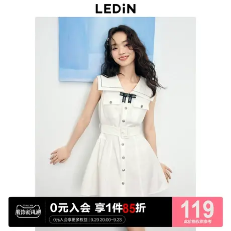 乐町海军风方形大翻领牛仔裙女2023年夏季新款通勤收腰无袖连衣裙商品大图