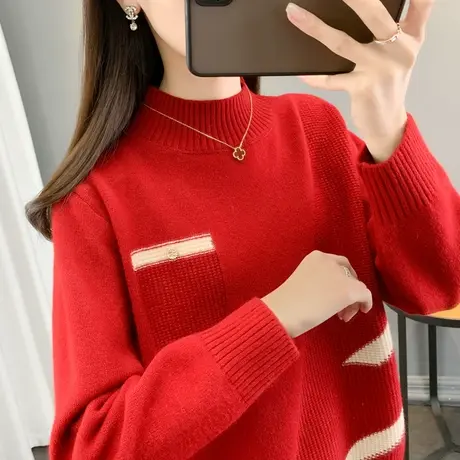 半高领假口袋拼色毛衣女2023秋冬新款韩版宽松针织打底衫长袖内搭商品大图