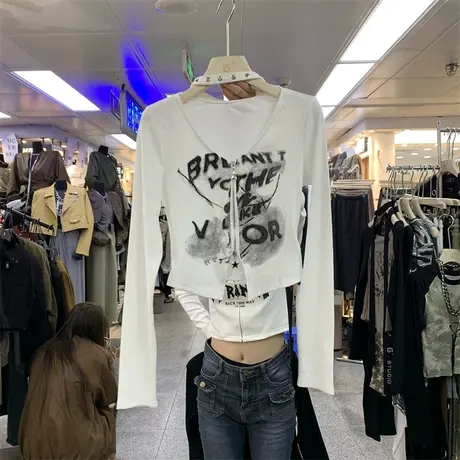 设计感字母晕染短款开衫女2023秋上新韩版修身V领脖子绑带T恤上衣图片