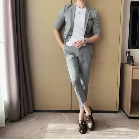 短袖西服男外套春夏2023年商务痞帅休闲半袖小西装男修身通勤套装商品大图