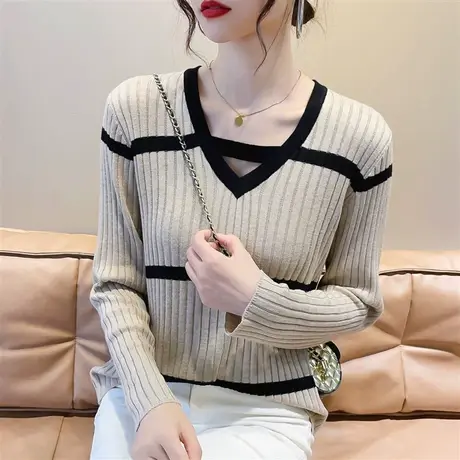 设计感V领针织打底衫女内搭秋冬2023新款套头修身软糯羊毛针织衫商品大图