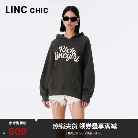 LINCCHIC金羽杰卫衣女2023新款落肩连帽朋克学院感卫衣S233HD414Y商品大图