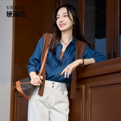 娅丽达爆款翻领刺绣牛仔衬衫女秋季新款上衣宽松长袖外套蓝色衬衣商品大图