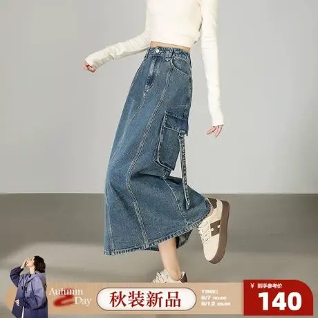 唐狮25秋冬季新款牛仔半身长裙女工装风飘带设计大口袋高腰显瘦图片