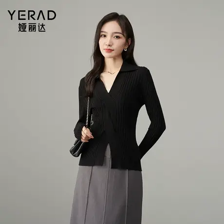 娅丽达温柔气质扭结黑色针织衫女2025秋季新款设计感打底修身毛衣商品大图