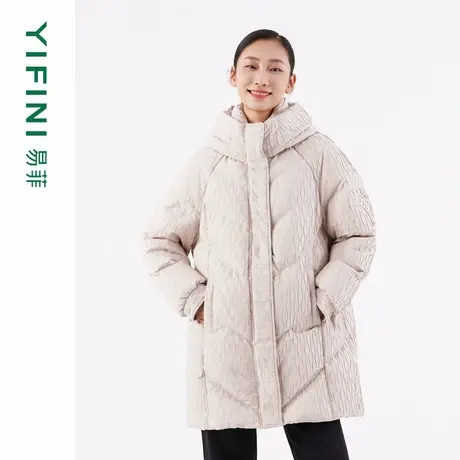 [专柜同款]Yifini/易菲白鹅绒加厚保暖宽松中长款连帽肌理羽绒服商品大图