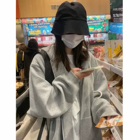 灰色连帽卫衣女早秋薄款2025新款秋季穿搭外套韩系chic感拉链上衣商品大图