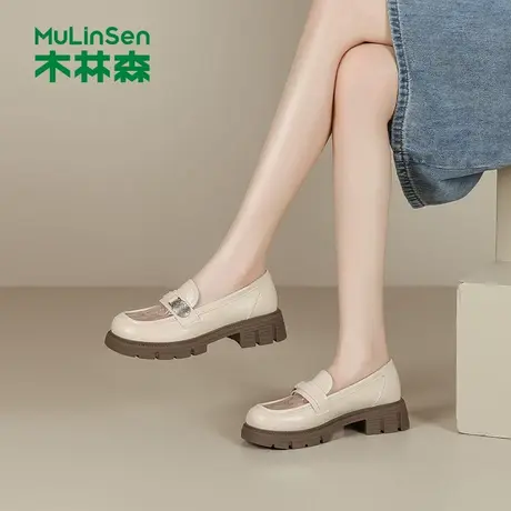 木林森女鞋2025夏季新款百搭网纱厚底浅口单鞋女士粗跟圆头乐福鞋图片