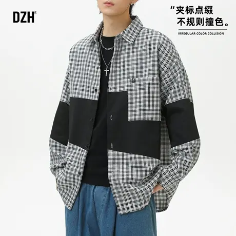 男士灰色撞色格子长袖衬衫男2025新款设计感上衣早秋外套衬衣百搭商品大图