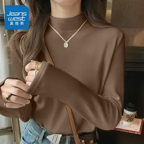 NOE真维斯长袖t恤女2025新款秋冬季爆款青少年宽松高领德绒打底衫商品大图