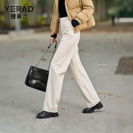 娅丽达加厚仿毛呢直筒裤女春秋休闲裤2025新款软糯裤子窄版阔腿裤商品大图