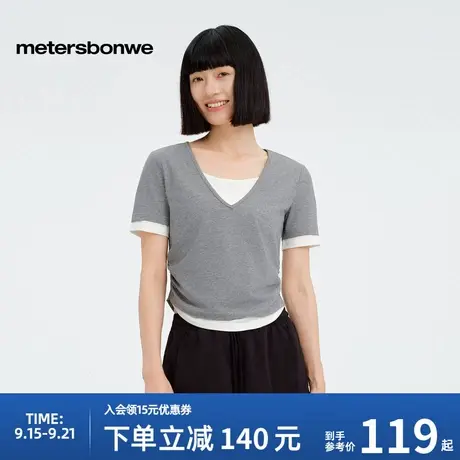 美特斯邦威短袖女装2025新款户外假两件半开襟修身圆领t恤上衣图片