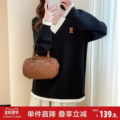 唐狮2026秋冬毛衣女撞色设计假两件V领套头春秋可外穿减龄上衣女图片