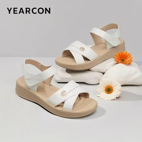 意尔康女鞋女士夏天真皮舒适坡跟妈妈凉鞋软底外穿中老年母亲老人图片