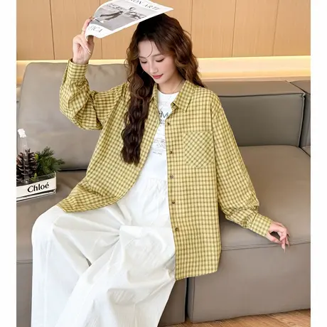唐狮秋季衬衫女新款长袖黄格子日常百搭女士薄外套时尚潮流TM商品大图