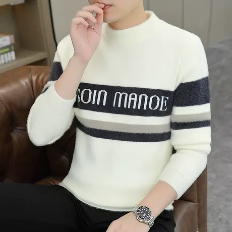 条纹提花圆领毛衣男生秋冬季2023新款羊绒衫男针织打底衫上衣外套商品大图