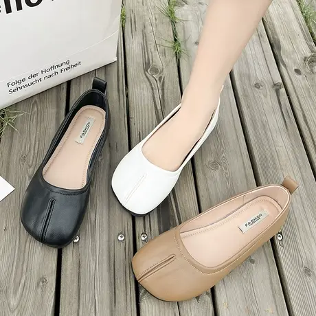 白色豆豆鞋女2023新款夏季圆头单鞋休闲小皮鞋女款一脚蹬平底鞋女商品大图