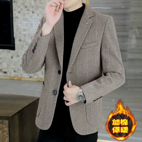 秋冬季男士加棉加厚西装商务休闲高端单西外套男装百搭毛呢子西服商品大图