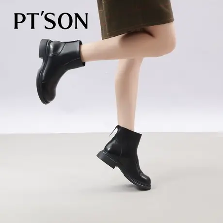 [双11预售]百田森牛皮时装短靴女2023冬新厚底中粗跟真皮休闲靴子图片