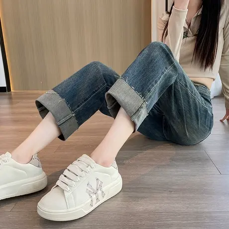 美式复古卷边直筒牛仔裤女2023年春秋新款小个子九分卷裤脚烟管裤商品大图