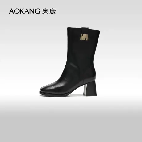 【门店发货】奥康女鞋 2023冬季新款优雅时尚中筒靴粗跟增高百搭商品大图