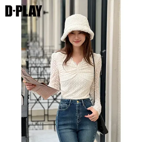 DPLAY2023冬法式温柔杏色V领捏褶重工蕾丝长袖内搭上衣小衫商品大图