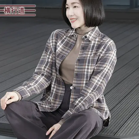 港风复古翻领格子宽松衬衣外套女装冬季韩版休闲长袖上衣2023新款图片
