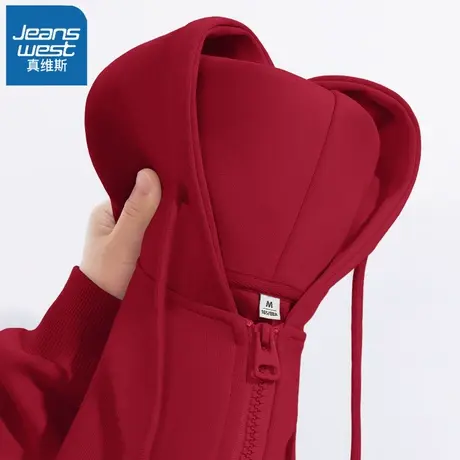 VR真维斯红色连帽外套女2023新款秋季港风卫衣小个子开衫上衣女款图片