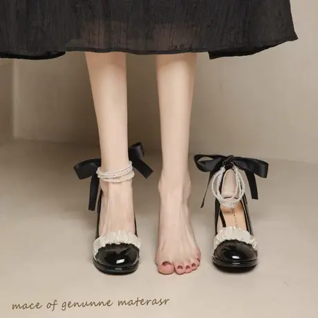 法式复古玛丽珍鞋女2023年春夏季新款气质黑色高跟鞋粗跟配裙单鞋图片