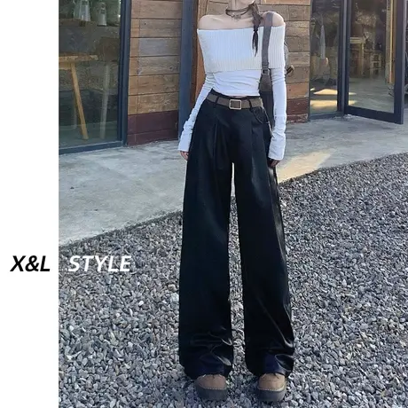 黑色皮裤女秋冬季2023新款PU皮美拉德设计感美式辣妹阔腿拖地裤子图片