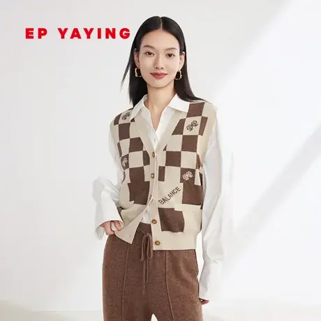 [牦牛绒]EP雅莹女装 v领格纹针织马甲开衫 2023秋冬新款9002A商品大图