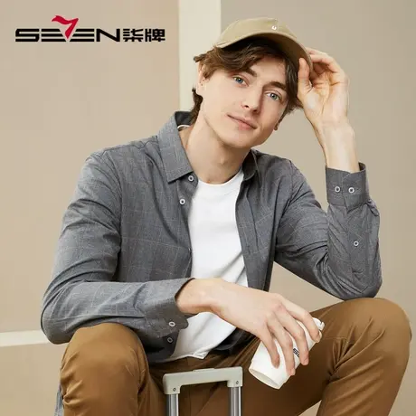 【含竹纤维】柒牌长袖衬衫男秋冬新款中青年色织格纹休闲翻领衬衣商品大图