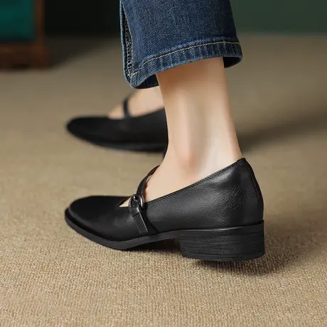 平底单鞋女2023软皮新款小皮鞋低粗跟真皮大码浅口舒适方头四季鞋商品大图
