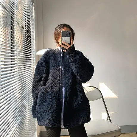 唐狮冬季仿羊羔绒圆领开衫外套女装上衣休闲运动修身夹克冲锋潮图片