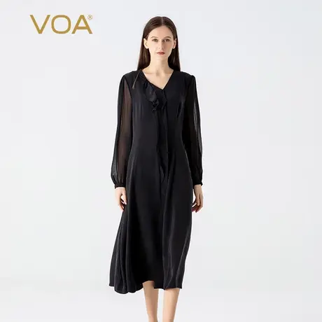 VOA30姆米重磅桑蚕丝黑色V领灯笼长袖不对称活页宽松真丝连衣裙图片