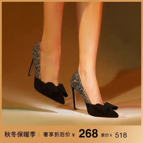 熙漫2023新款礼服性感尖头黑色单鞋蝴蝶结优雅设计感水晶高跟鞋女商品大图